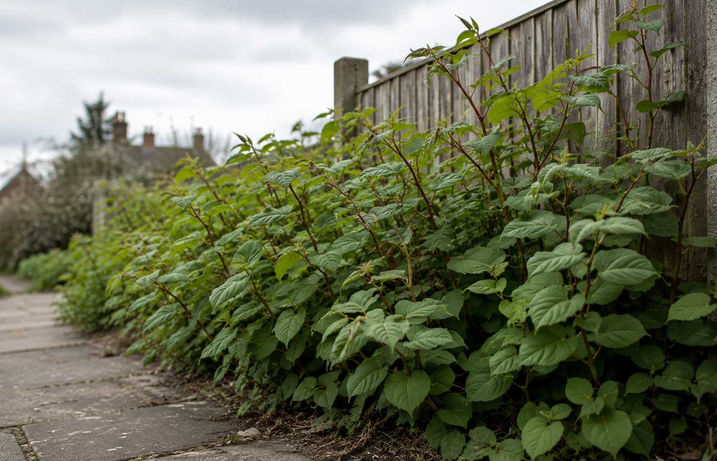 Japanese knotweed growing beside a garden fence and paving in a British suburban setting