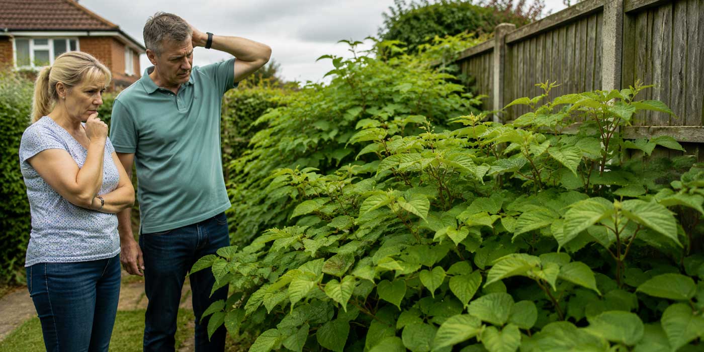 Homeowners examining suspected knotweed
