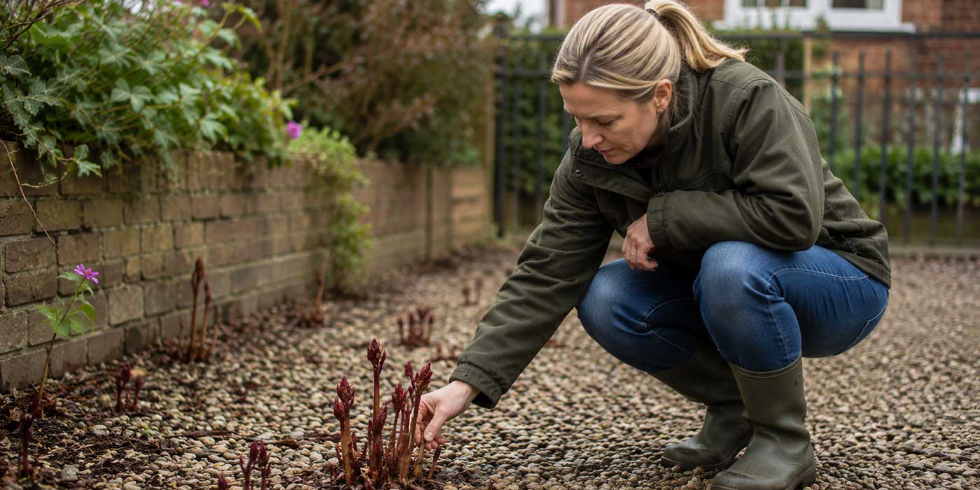 gardener examining young red knotweed shoots in spring
