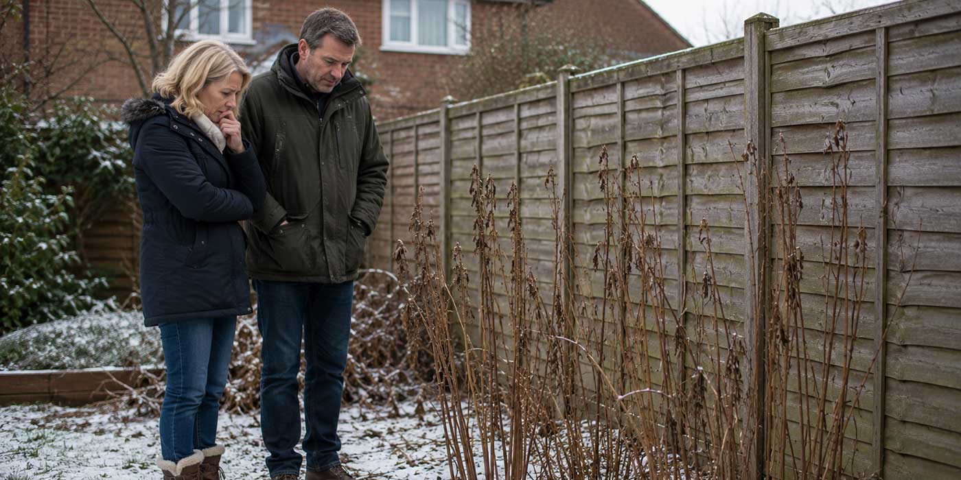 Concerned English couple beside suspected winter knotweed near house