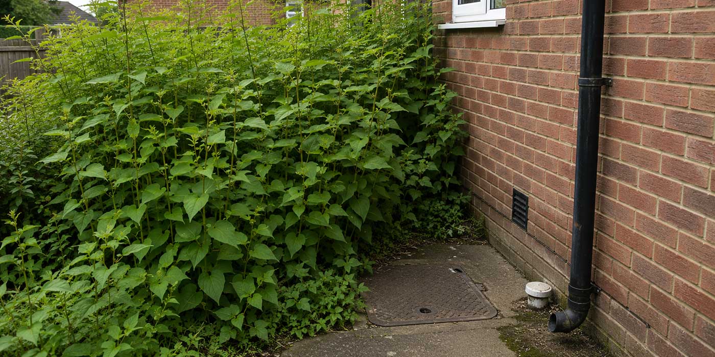 Japanese knotweed growing near drains beside a house
