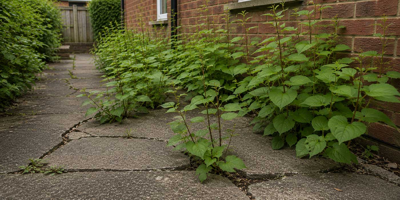 Japanese knotweed growing through cracked concrete path
