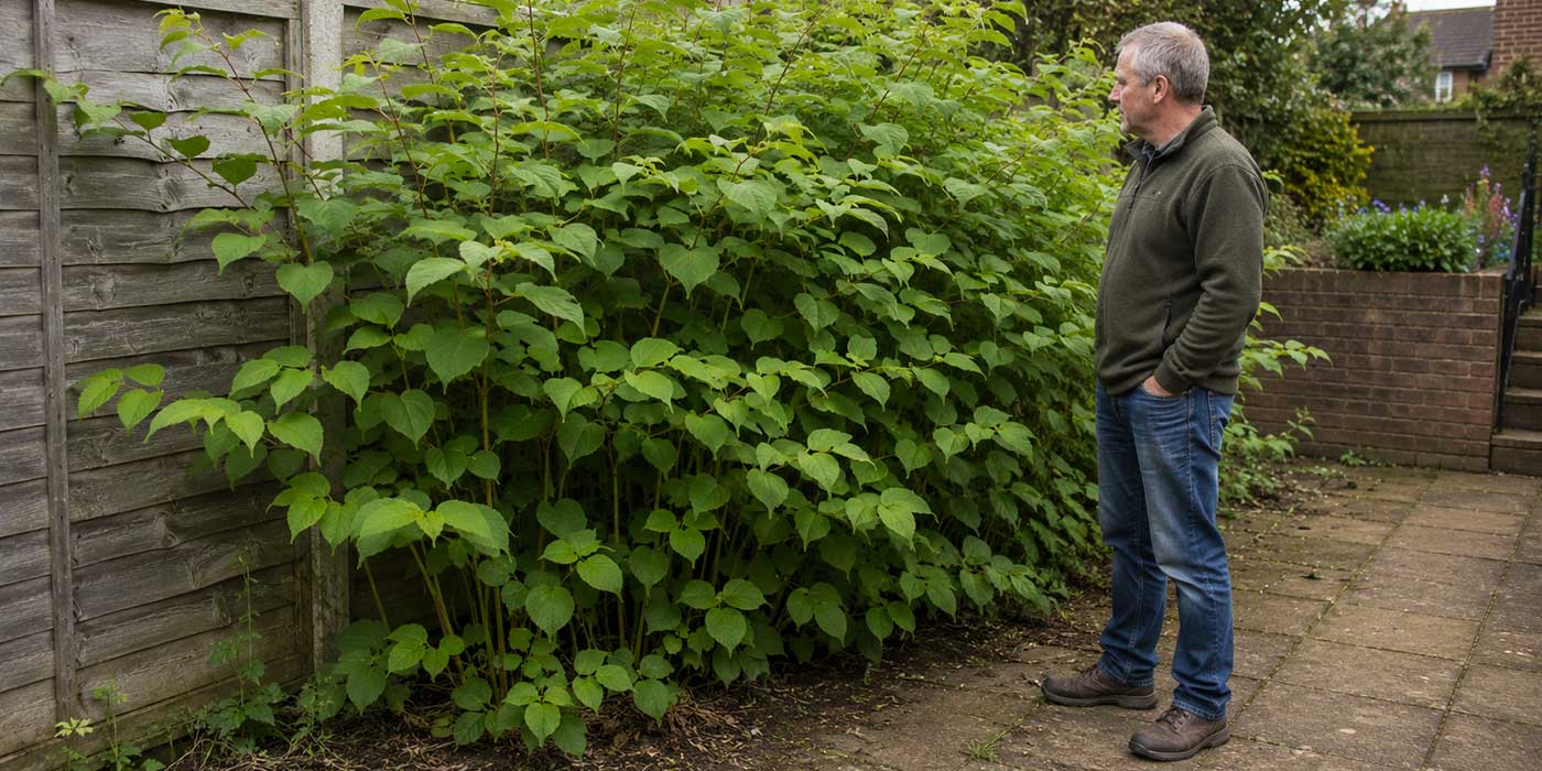 Gardener examining knotweed along garden boundary